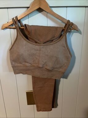 JoyLab Ribbed Active Crop Tank and Leggings Set in Taupe Brown